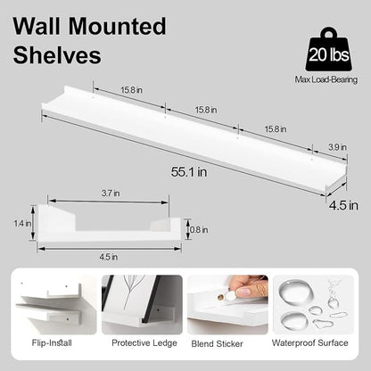 White Floating Shelves for Wall Decor, Long Wall Mounted Storage Shelf for Bedroom, Living Room, Bathroom, Kitchen, Nursery, Display Picture Ledge Shelf with Lip Set of 2-56 Inches, White