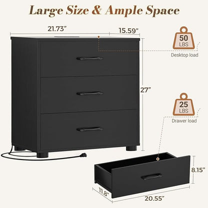 Aheaplus Night Stand Set of 2 with Charger Station, 21.7'' Wider Nightstands with 3 Wooden Drawers, Large Tall Bedside Table, Modern End Side Table Set, Nightstand for Bedroom, Black