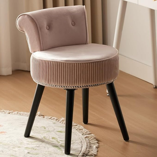 Vanity Chair with Back, Velvet Stool with Low Backrest & Silver Nailhead Trim, Round Vanity Seat for Bedroom and Bathroom Makeup, Support 220lbs, Easy Assembly (Pink)