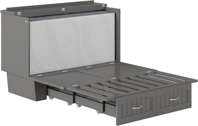AFI, Nantucket Full Size Murphy Bed Chest with Mattress, Storage Drawer and Built-in USB Charger, Grey
