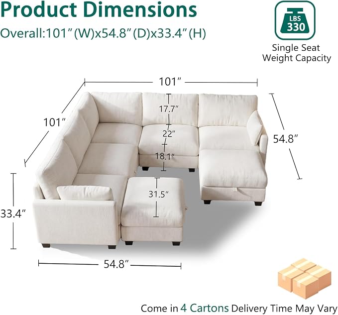 Modular Sectional V Shaped Sofa Couches for Living Room, Cloud Couch with Storage Ottoman, Comfy Chenille Sofa with Pillow, Beige