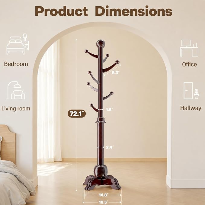 Hall Tree, Freestanding Wood Tree Rack with 7 Hooks, Coat Rack with Stable Sphere Base, Wooden Coat Rack Stand, Load 210 lb, Coat Hanger Stand for Entryway, Hallway, Bedroom (Black-Red)