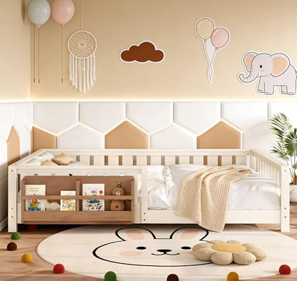 Bellemave Queen Size Floor Bed with high Rails and with Built-in Bookshelf for Kids, Girls, Boys, Wood Montessori Floor Bed Without Door, Beige