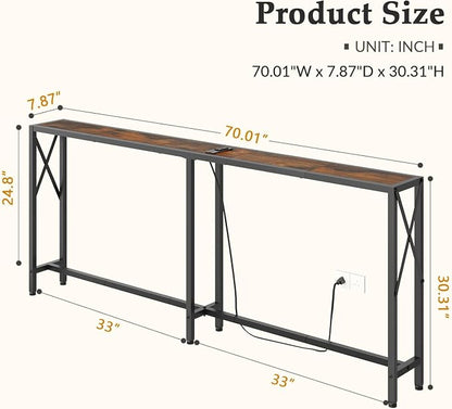 Gewudraw 70 in Skinny Sofa Table Behind Couch, Console Table with Oulets & USB Ports for Hallway, Entryway,Living Room, Bedroom, Rustic Brown
