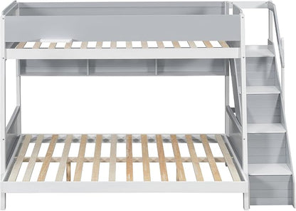 Wood Bunk Bed Twin Over Full with Staircase and Side Shelves | Striped-Design Staircase, Built-In Light Strip, Space-Saving Design, Kids Teens Adults, Versatile Bed Frame