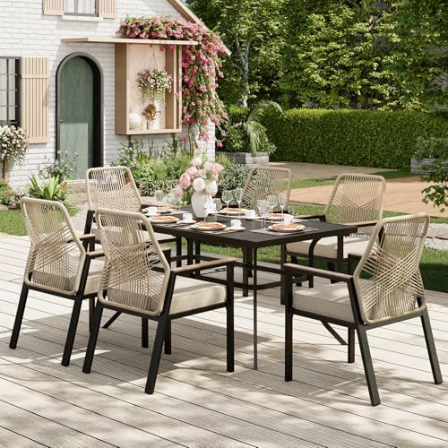 MIXPATIO 7pc Patio Dining Set, 59" Rectangular Metal Table, 6 Rattan Chairs