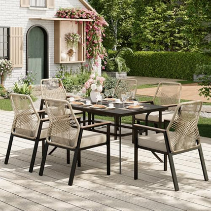 MIXPATIO 7pc Patio Dining Set, 59" Rectangular Metal Table, 6 Rattan Chairs