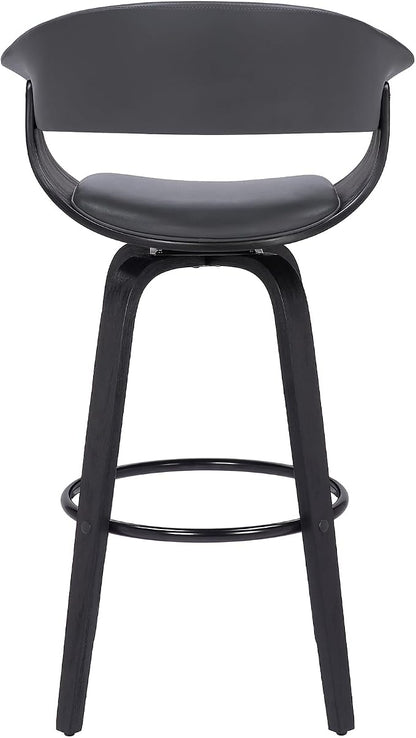 Armen Living Julyssa Mid Century Modern Swivel Bar Stool for Kitchen Island Counter in Gray Faux Leather and Black Wood, 26" Seat Height