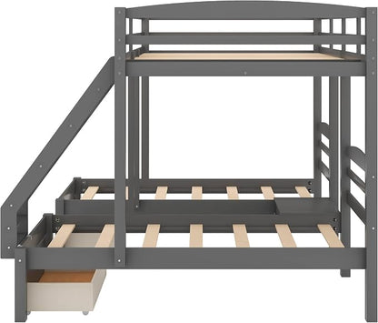 Wood Triple Bed Bunk Bed with 2 Storage Drawers, 3-in 1 Full Over Twin & Twin Bunk Bed Frame with Built-in Middle Drawer, Guardrail Ladder for Kids Teens Adults, Maximized Space Design (Grey-full)