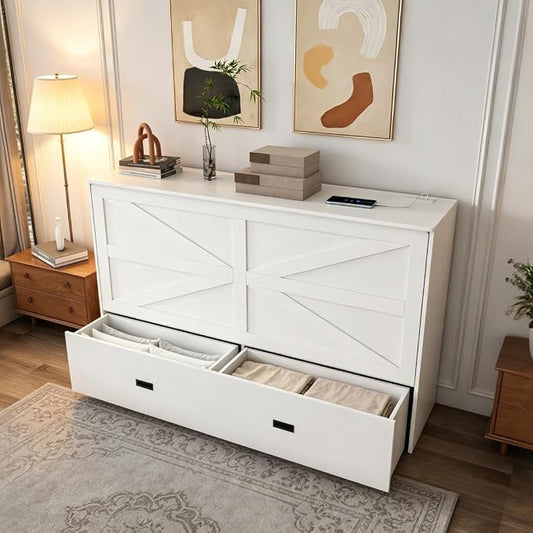 Bellemave Full Murphy Bed with Mattresses and Charging Stations and Storage Drawer, Farmhouse Murphy Cabinet Bed with Foldable Panel, Noisy Free, for Guest Bedroom, Living Room, White