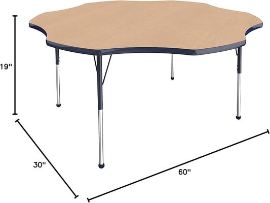 FDP Flower Activity School and Office Table (60 inch), Standard Legs with Ball Glides for Collaborative Seating Environments, Adjustable Height 19-30 inches - Maple Top and Navy Edge