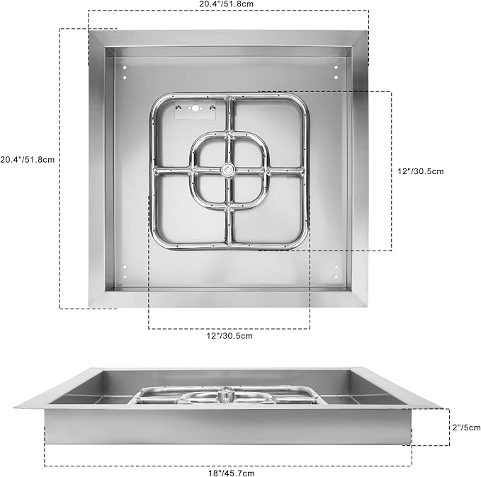 Onlyfire 18 Inch Square Fire Pit Burner Pan with Square Burner Ring – 304 Stainless Steel Drop-in Gas Fire Pit Insert for Natural Gas & Propane, 92,000 BTU, Square Flame Pattern for DIY Fire Table