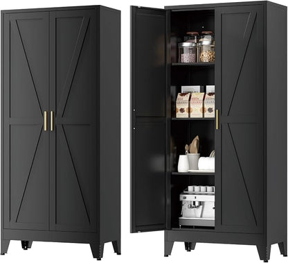 Farmhouse Pantry Cabinet with Barn Doors,61" H x 27.5" W,Metal Cabinet with Adjustable Shelves,4-Tier Storage Cabinet for Kitchen Dining Room Garage Office,Black 1 Pack