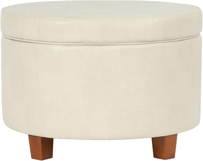 HomePop Round Leatherette Storage Ottoman with Lid, Ivory Large