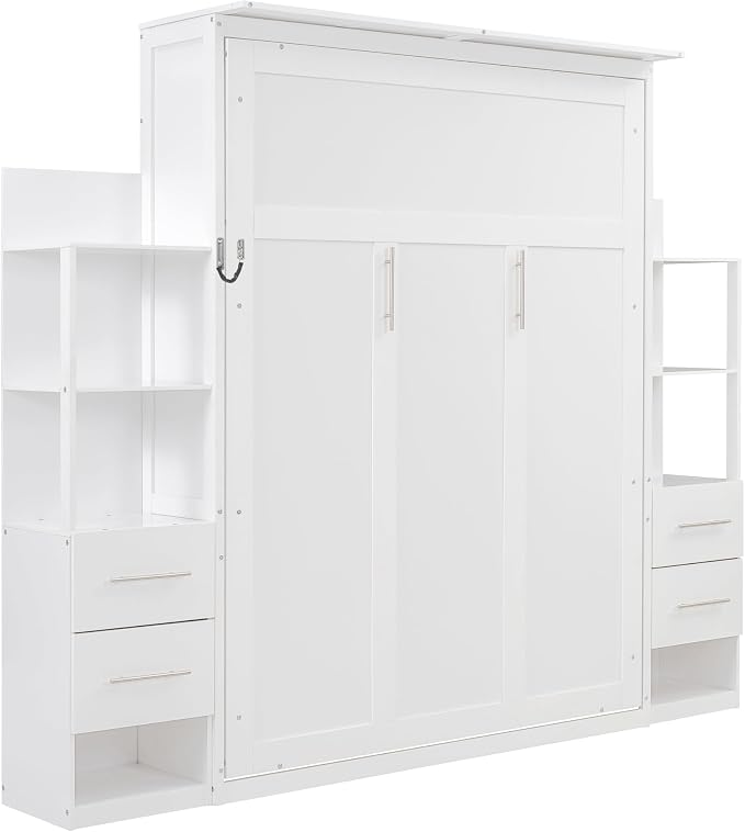Queen Murphy Bed Cabinet, Space Saving Wall Bed with Storage and Lights | Flexible slats support an 8-inch mattress, while 2 four-layer shelves and 4 drawers help keep essentials organized