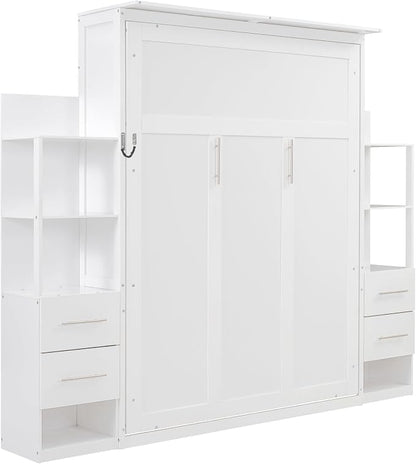 Queen Murphy Bed Cabinet, Space Saving Wall Bed with Storage and Lights | Flexible slats support an 8-inch mattress, while 2 four-layer shelves and 4 drawers help keep essentials organized