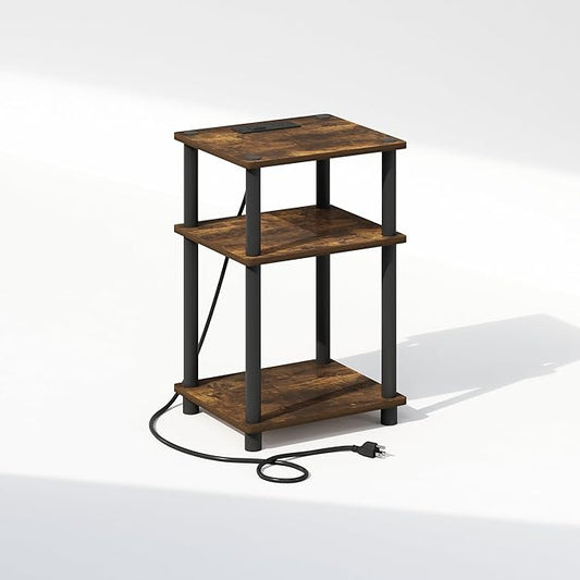 Furinno JUST Night Stand, 3-Tier Turn-N-Tube Nightstand with Charging Station, Bedside Table, End Table, Side Table with USB and Type-C Port, for Bedroom, Closet, Dorm, Amber Pine