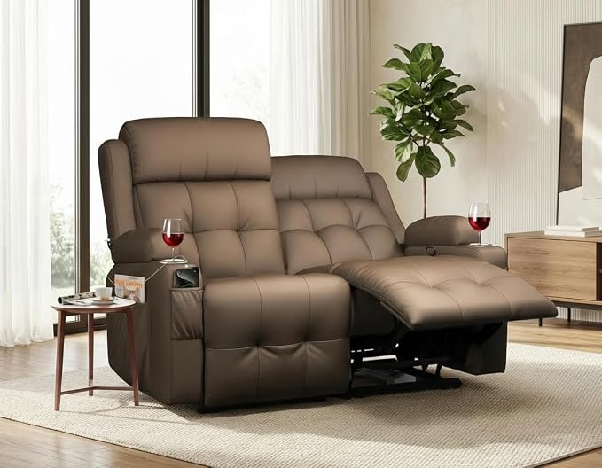 Reclining Loveseat, Wall-Hugger Loveseat Recliner Design with USB/Type C Charging & Storage & Cupholder, Pebble-Weave Fabric Recliner Sofa Couch for Living Room, Home Theater & RV Use