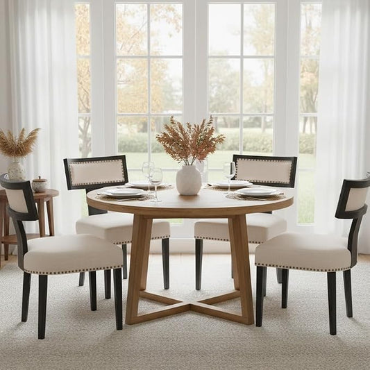 RIVOVA Mid Century Modern Dining Chairs Set of 4 Linen Fabric Upholstered Kitchen Side Chairs with Nailhead Trim, Modern Kitchen Armless Solid Wood Dining Chairs, Beige