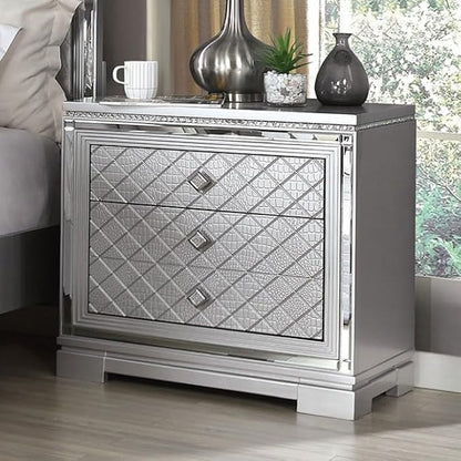 First of a Kind Queen Size Glam Bedroom Furniture 5 Piece Set in Silver - Button Tufted Headboard, Mirror Panels Crystal Acrylic, Storage Chest, Bed, Dresser, Mirror, Nightstand, Luxury Suite