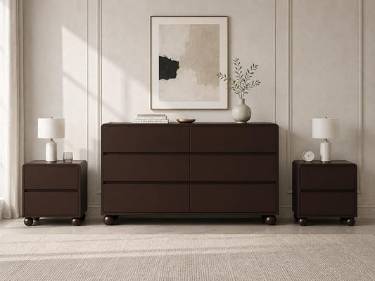 Furniway 3 Piece Bedroom Set, 6 Drawer Dresser and 2 Drawer Nightstand Set of 2 with Round Legs, Modern Wood Chest of Drawers Storage Cabinet for Bedroom, Brown