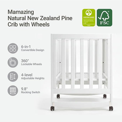 MAMAZING EvoNest 6-in-1 Convertible Baby Mini Crib with Wheels | GREENGUARD Gold Certified, New Zealand Pine Wood, 4 Adjustable Heights, Rocking Mode, Small Spaces Design, White