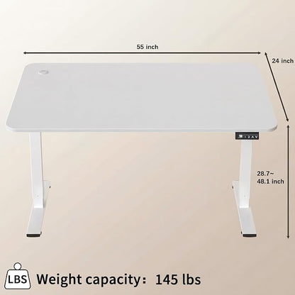 Furmax Electric Height Adjustable Standing Desk Large 55 x 24 Inches Sit Stand up Desk Home Office Computer Desk Memory Preset with T-Shaped Metal Bracket, White