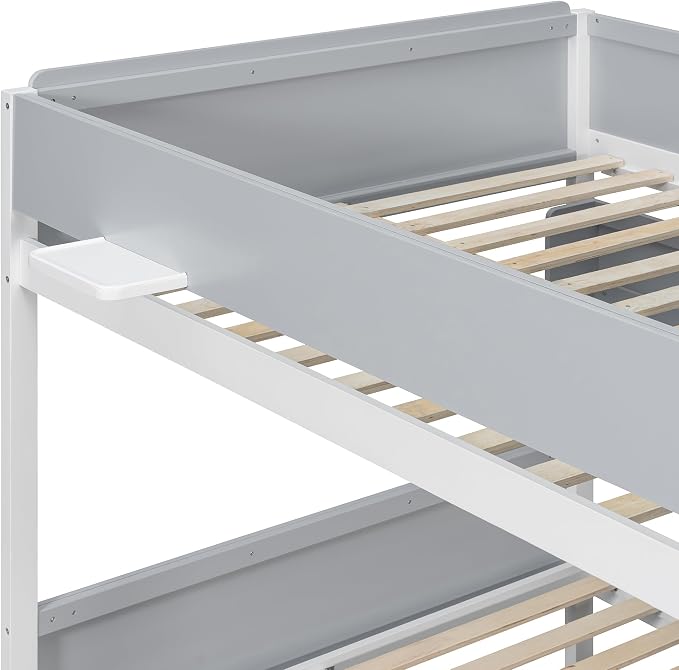 Wood Bunk Bed Full XL Over Queen with Staircase and Side Shelves | Light Strip Included, Striped-Design Stairs, Kids Teens Adults, Space-Saving Design, Versatile Bed Frame