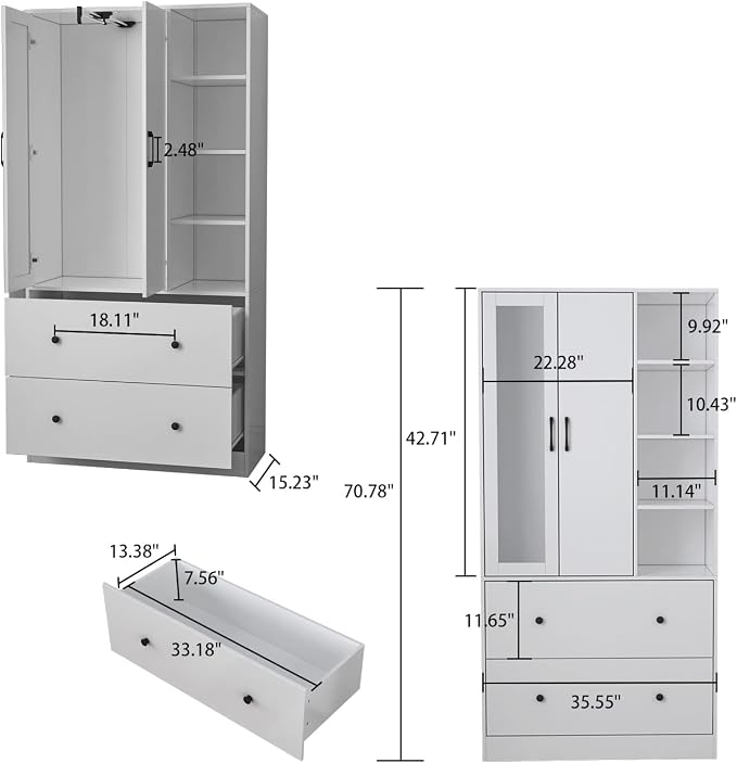 Homsee Wardrobe Armoire Wooden Closet with Mirror, 2 Doors, 2 Drawers, 4 Open Storage Cubes and Hanging Rod for Bedroom, White (35.5”L x 15.8”W x 70.8”H)