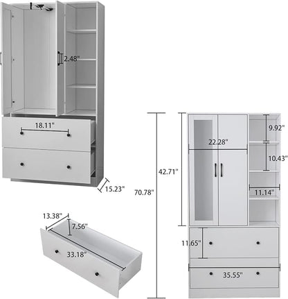 Homsee Wardrobe Armoire Wooden Closet with Mirror, 2 Doors, 2 Drawers, 4 Open Storage Cubes and Hanging Rod for Bedroom, White (35.5”L x 15.8”W x 70.8”H)