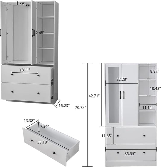 Homsee Wardrobe Armoire Wooden Closet with Mirror, 2 Doors, 2 Drawers, 4 Open Storage Cubes and Hanging Rod for Bedroom, White (35.5”L x 15.8”W x 70.8”H)