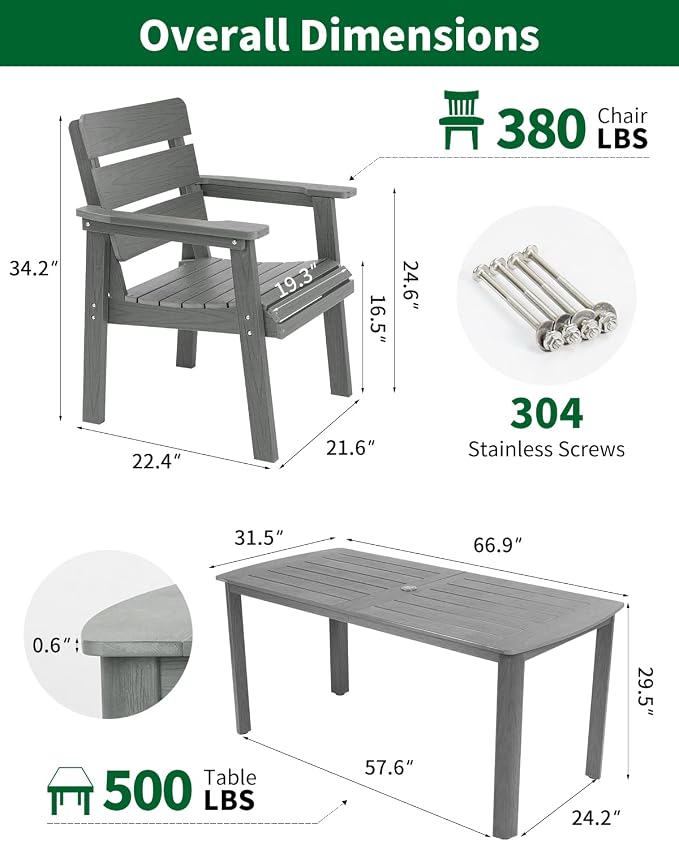 Outdoor Rectangle Dining Table with Rounded Edge, 67" All-Weather HIPS Patio Table for 6, Outdoor Furniture with Umbrella Hole, Ideal for Garden, Poolside, Backyard, Deck, Dark Gray