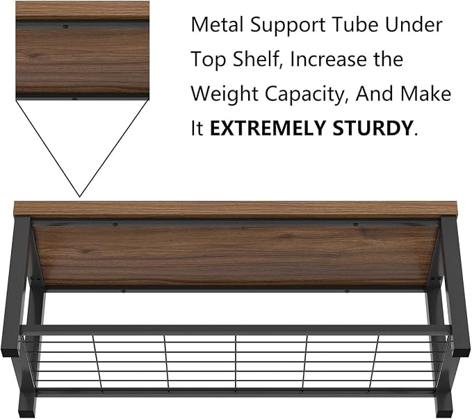 FOLUBAN Modern Entryway Bench - Rustic Wood and Metal Shoe Storage for Hallway Front Door Entrance, Industrial Indoor Seat for Bedroom Living Room, 43 Inch Walnut