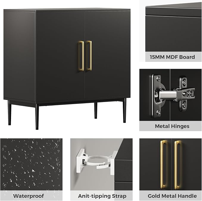 Set of 4 Black Storage Cabinet with Doors, Modern Accent Cabinet, Free Standing Cabinet with Adjustable Shelf, Wooden Buffet Sideboards for Living Room, Kitchen, Dining Room, Entryway