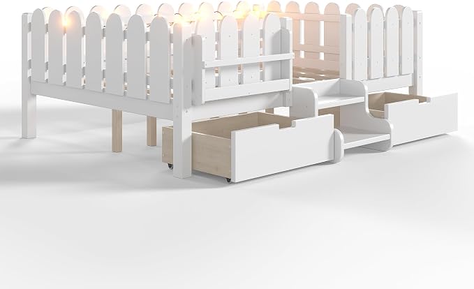Bellemave Full Size Montessori Bed with Stairs, Lights, Rails and Slats, Full Size Montessori Floor Bed with Bookshelf and 2 Storage Drawers, Easy Assemble Beds Frame for Girls, Boys, White