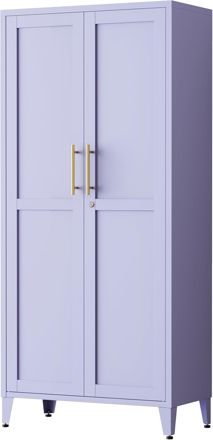 61" H Purple Metal Storage Cabinet with Door and 3 Adjustable Shelves Kitchen Pantry Cabinet with 2 Gold Handles Tall Metal Pantry Cabinet Freestanding Cupboard For Dining Room Living Room Bathroom ﻿