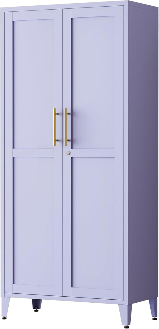 61" H Purple Metal Storage Cabinet with Door and 3 Adjustable Shelves Kitchen Pantry Cabinet with 2 Gold Handles Tall Metal Pantry Cabinet Freestanding Cupboard For Dining Room Living Room Bathroom ﻿