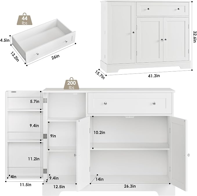 HOSTACK Buffet Cabinet with Storage, Modern Sideboard Buffet with Doors, Wood Coffee Bar Kitchen Storage Cabinet with Drawer and Adjustable Shelf for Kitchen, Dining Room, Living Room, White