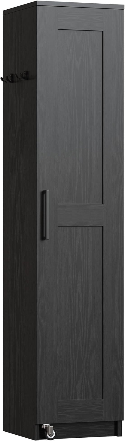 IRONCK Narrow Kitchen Pantry Storage Cabinet, 72" Slim Single Door with 6 Adjustable Shelves, Door Rack and Wheels, Space Saving Freestanding Storage Floor Cabinet for Small Place, Black