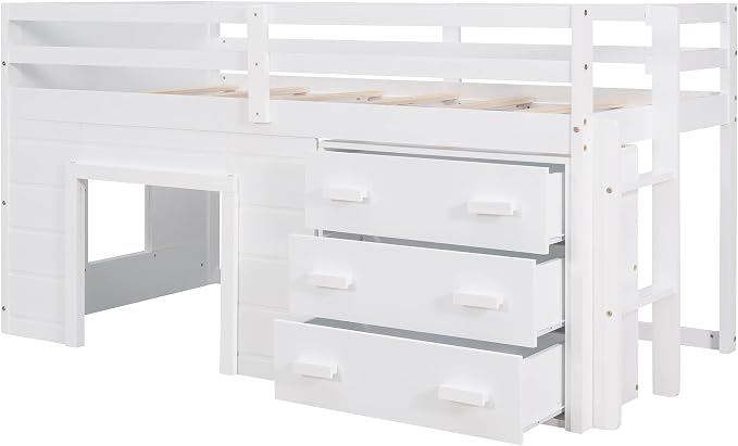 Bellemave Twin Size Low loft Bed for Kids,Wood Modern Farmhouse Twin Loft Bed with and Drawer Storage, No Box Spring Needed, White