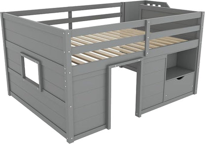 Bellemave Full Size Low loft Bed for Kids,Wood Loft Beds,Modern Farmhouse Full loft Bed,Loft Bed with Desk and Storage, No Box Spring Needed,for Kids, Gray