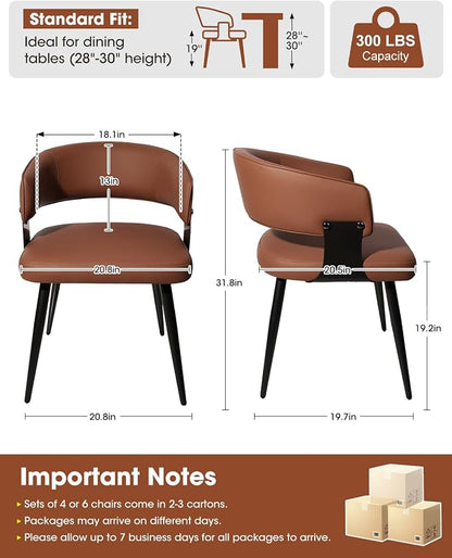 Dining Chairs Set of 2, Modern Upholstered PU Leather Kitchen & Dining Room Chairs with Curved Open Back Metal Legs, Kitchen Chairs for Dining Room Restaurant (Brown, Set of 2)