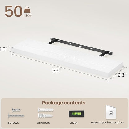 Vivelove White Floating Shelves 36 Inches Long, Wall Display Shelves with Invisible Brackets, for Bathroom Living Room Kitchen Bedroom Office Farmhouse Home Decor, 36x9.3X 1.5 - Set of 2, White