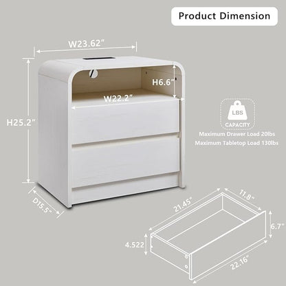 Aitjunz 25" Tall Modern Nightstand with Charging Station, 23.6'' Wide Wood Bedside Table w/2 Storage Drawers, Large Mid Century End Table for Bedroom, Living Room, Curved Profile Design, White