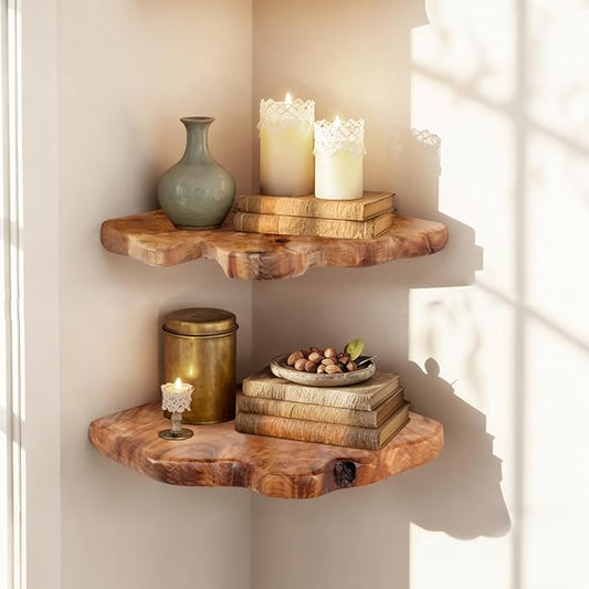 WELLAND Floating Corner Shelf Set of 2 Wall Mounted, 10.86 x 11.5 Inches for Living Room, Bedroom Bathroom, Rustic Space-Saving Corner Storage Shelf for Home Decor and Organization