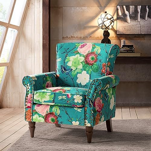 HULALA HOME Traditional Floral Accent Chair with Solid Wood Legs, Blue