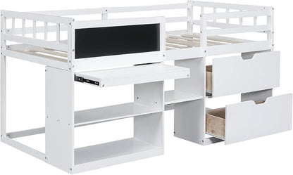 Bellemave Twin Size Low loft Bed for Kids,Wood Loft Beds,Modern Farmhouse Twin loft Bed,Loft Bed with Rolling Desk and Storage, Shelf and Drawers No Box Spring Needed,for Kids, White