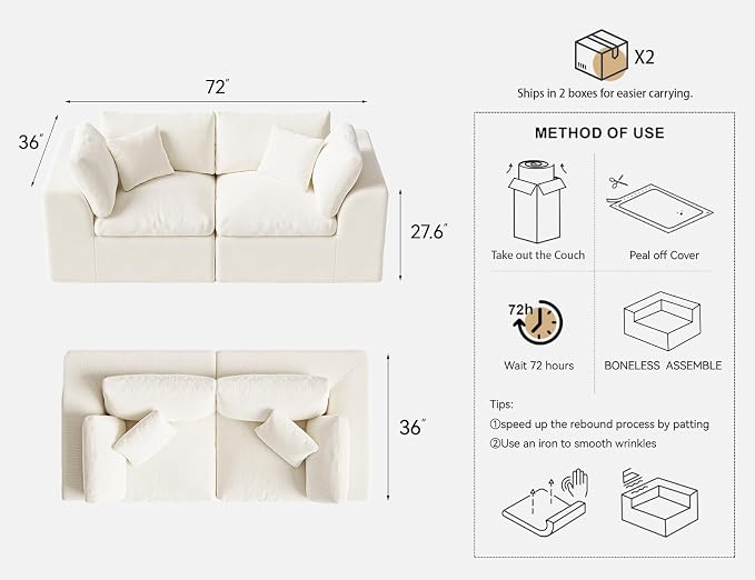 Loveseat Sofa | 72 Inch Modern Boneless Couch for Small Spaces | 2 Seater Small Sofa for Apartment Bedroom Living Room | Love Seat Ivory White
