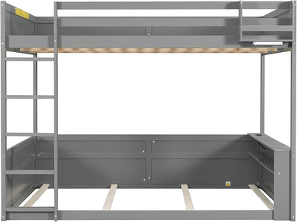 RUNNA Queen Bunk Bed with Shelves,Storage Box,LED,USB Charging,Grey | Queen bunk bed with shelves,storage box,LED light,USB charging,solid wood frame, guardrails, no box spring needed,Grey