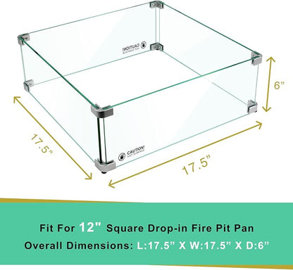 Holy Fire 17.5" L x 17.5" x 6" Square Fire Pit Glass Wind Guard Clear Tempered Glass Flame Protective Pane Wind Resistant - Fits 12” Square Fire Pit Burner Pan